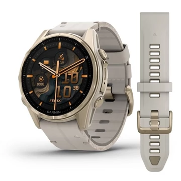 fenix 8 43mm AMOLED Sapphire, krémarany titanium, homokkő bőrszíjjal + homokkő/szürke szilikon szíjjal (ED XD)
